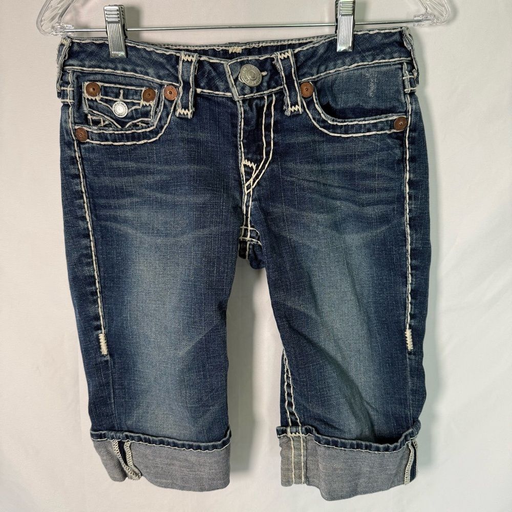​True Religion Sophie Super T Bermuda Denim Shorts Big Stitch Indigo Size 27/28